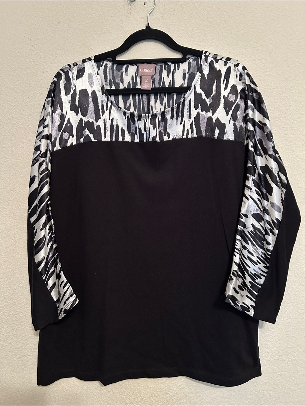 Chico's Black Top with Black-and-White Animal Print Panels